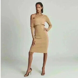 Reiss Ella Dress One Shoulder Long Sleeve BodyCon Knit Camel Midi Academia Sexy